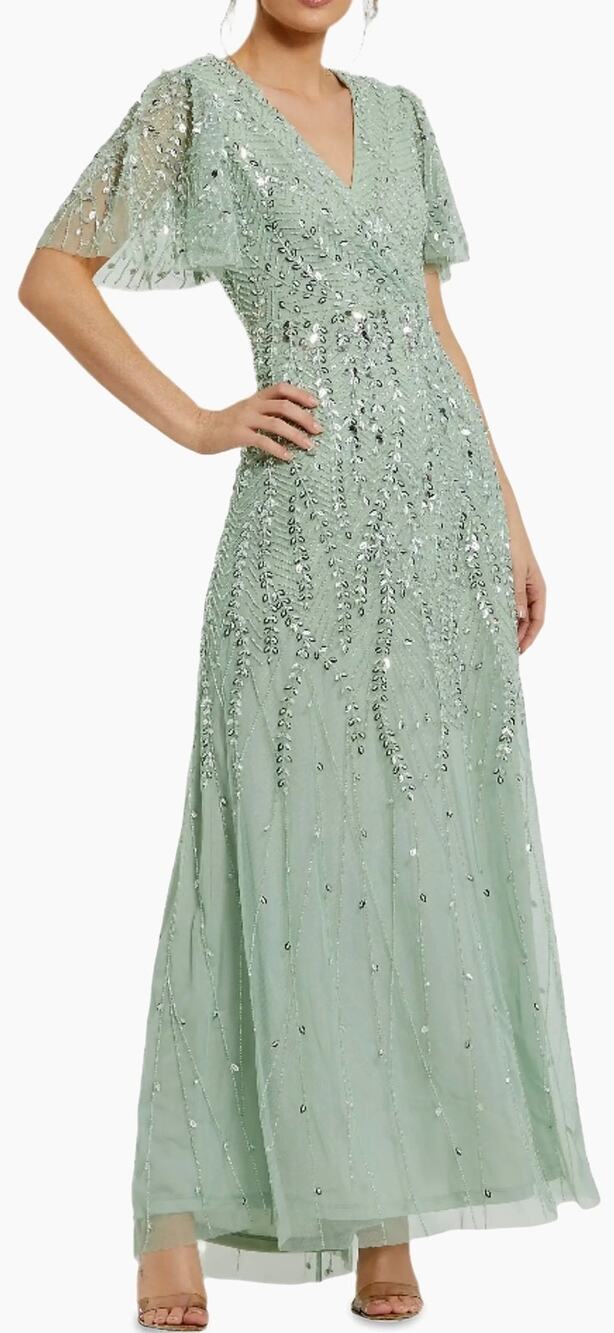 Mac Duggal Sage Green Beaded Wrap Over Butterfly Sleeve Tulle Column Gown 20 NWT